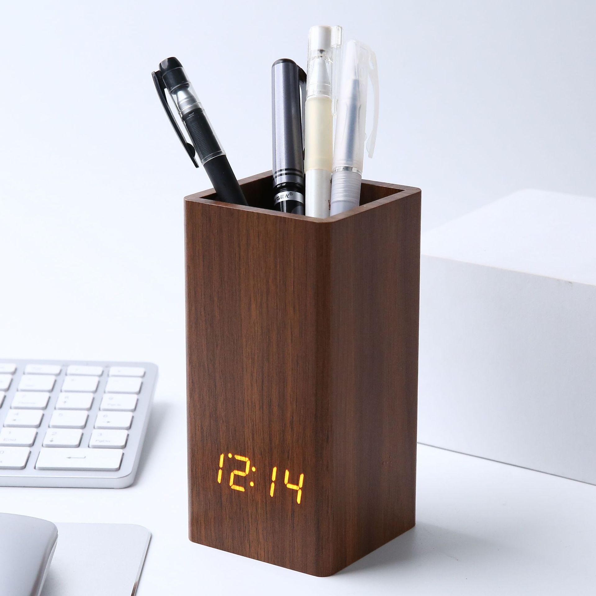 Factory sale office desk storage pen holder wooden clock, desktop silent electronic clock, LED time voice-activated alarm clock
