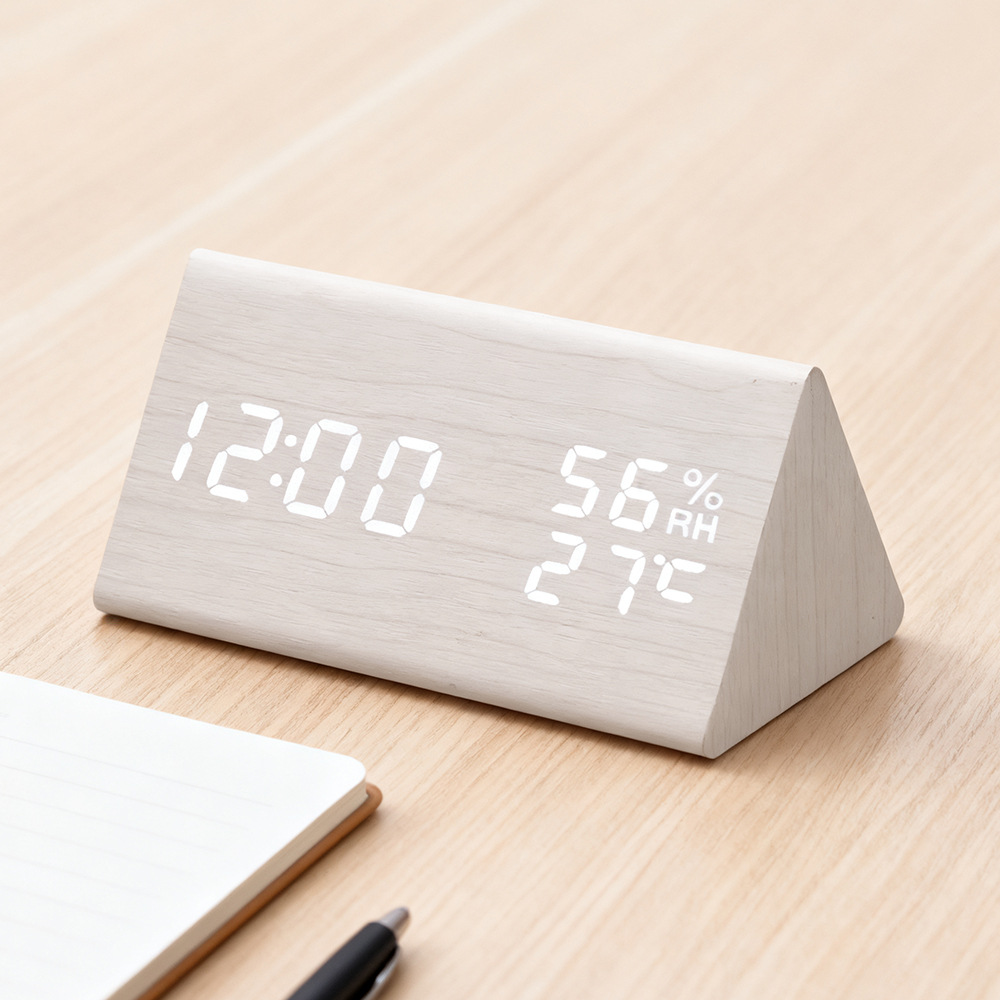 Nordic Wooden Alarm Clock Hygrometer Clock Multifunctional Silent Night Light Student Bedroom Bedside Wooden Clock