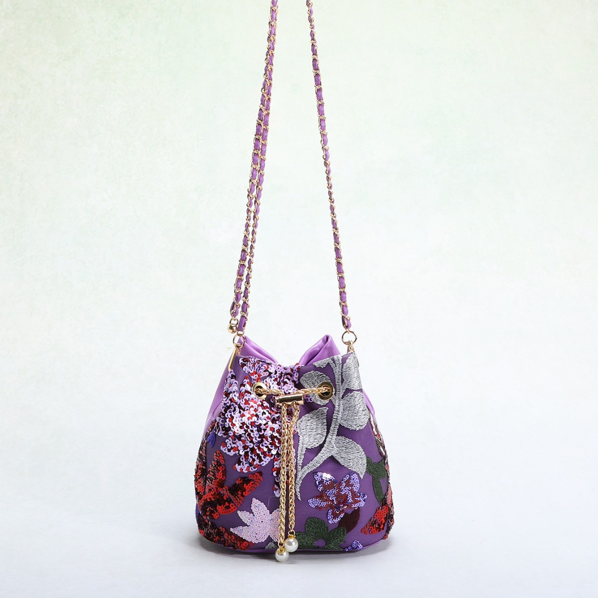 Women's Bag New Chinese Style Flower Embroidery Sequins Mesh Splicing Contrast Color Elegant Lady Drawstring Chain Bucket Bag