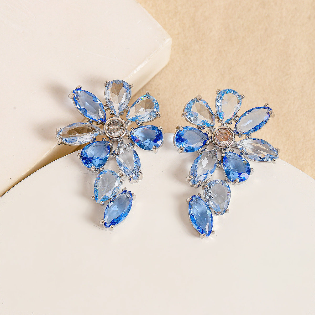 Crystal blue-white irregular floral shape earrings stud earrings for women
