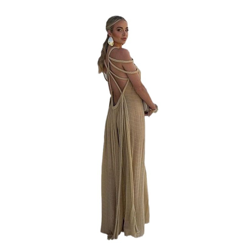 2024 New Spring Women Long Dress Tie Strap Off Shoulder Sexy Halter Loose Vacation Beach Dress