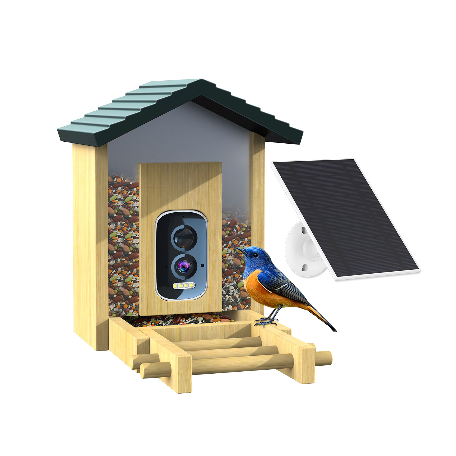 Bamboo Wood Smart Bird Feeder AI Bird Recognition HD Solar Long Battery Life Pet Feeder