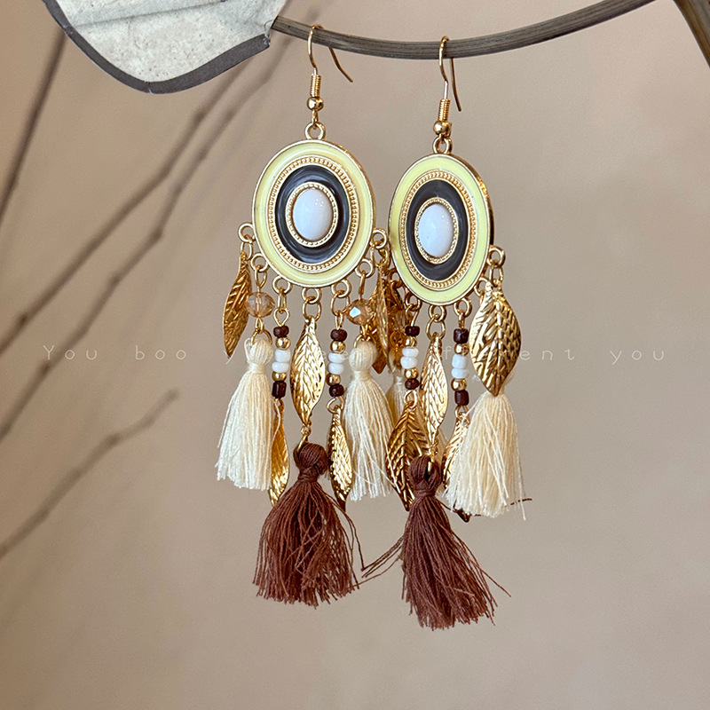Bohemian Style Blue Feather Tassel Earrings Women Exotic Ethnic Style Earrings Exaggerated Long Ear Accessories
