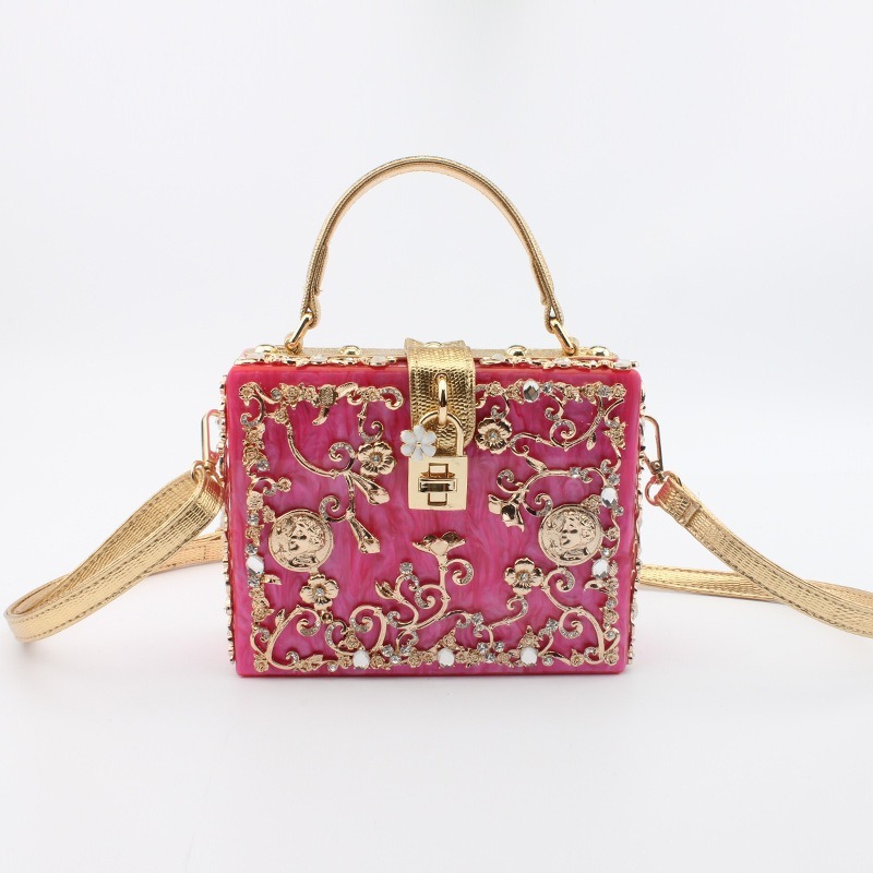 Acrylic Evening Bag Hollow Metal Carved Rhinestone Handbag Shoulder Crossbody Women's Bag