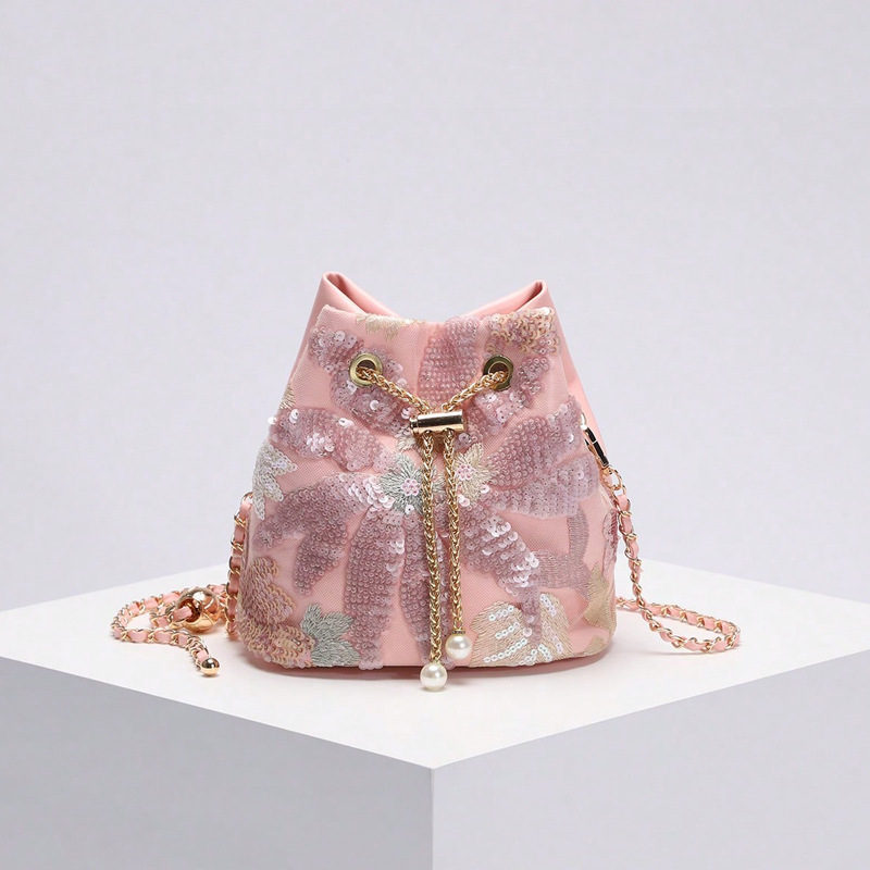 Women's Bag New Sequins Bucket Bag Contrast Color Mesh Embroidery Splicing Single Shoulder Chain Crossbody Bag