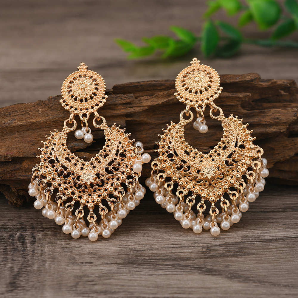 Bohemian ethnic style earrings for women hollow heart ear studs long bell Indian accessory