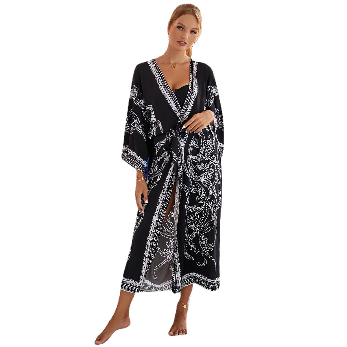 2023 New Rayon Printed Beach Jacket Sexy Sun Protection Cardigan Vacation Bikini Outer Cover Up Women