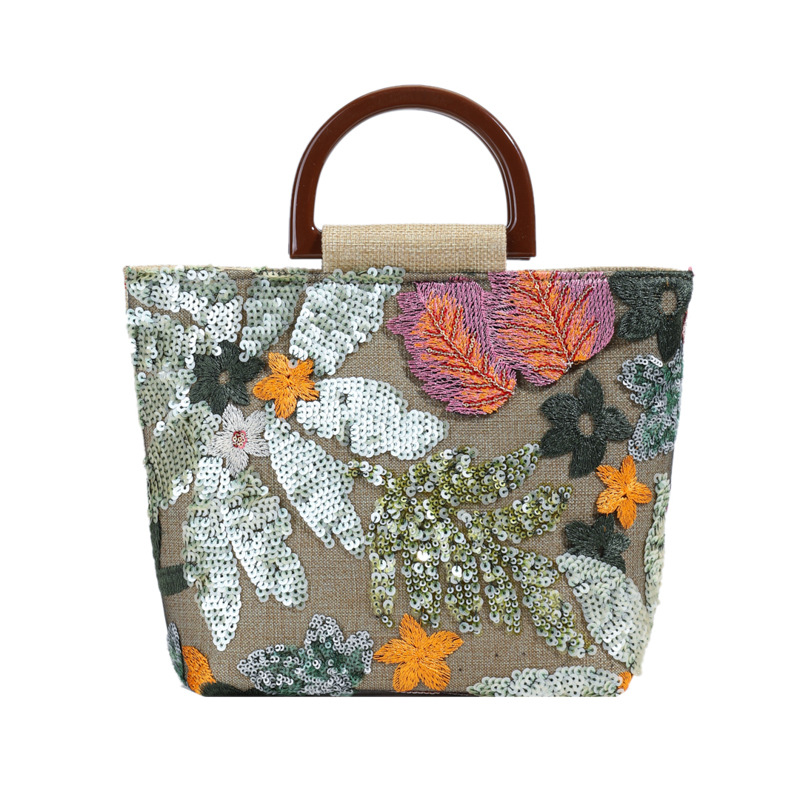 Linen Bamboo Knot Handle Bag 2025 New Chinese Style Women's Flower Large Capacity Handbag