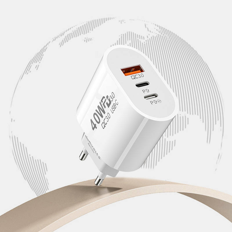 Dual PD+USB 40W Type-C Port Compatible with Apple 20W Fast Charging EU/US Travel Charger