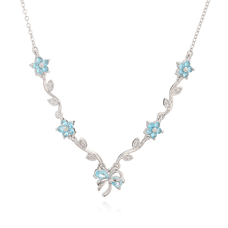 Copper Inlaid Colorful Diamond Branch and Five-Petal Flower Bracelet, Necklace, Earrings, and Bowknot Flower Set