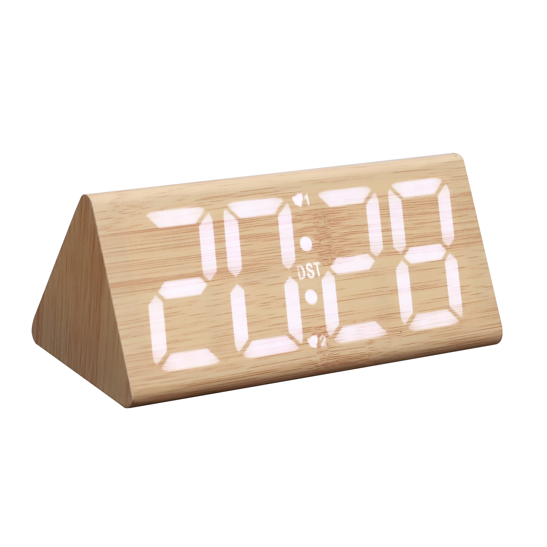 Large Triangle Wooden Clock Wood Grain Clock LED Silent Electronic Clock Simple Snooze Workday Alarm Clock