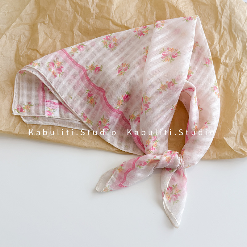 Silk scarf women's cotton linen small square scarf, sweet crushed flower headwrap sun protection decorative photo air-conditioned room shawl