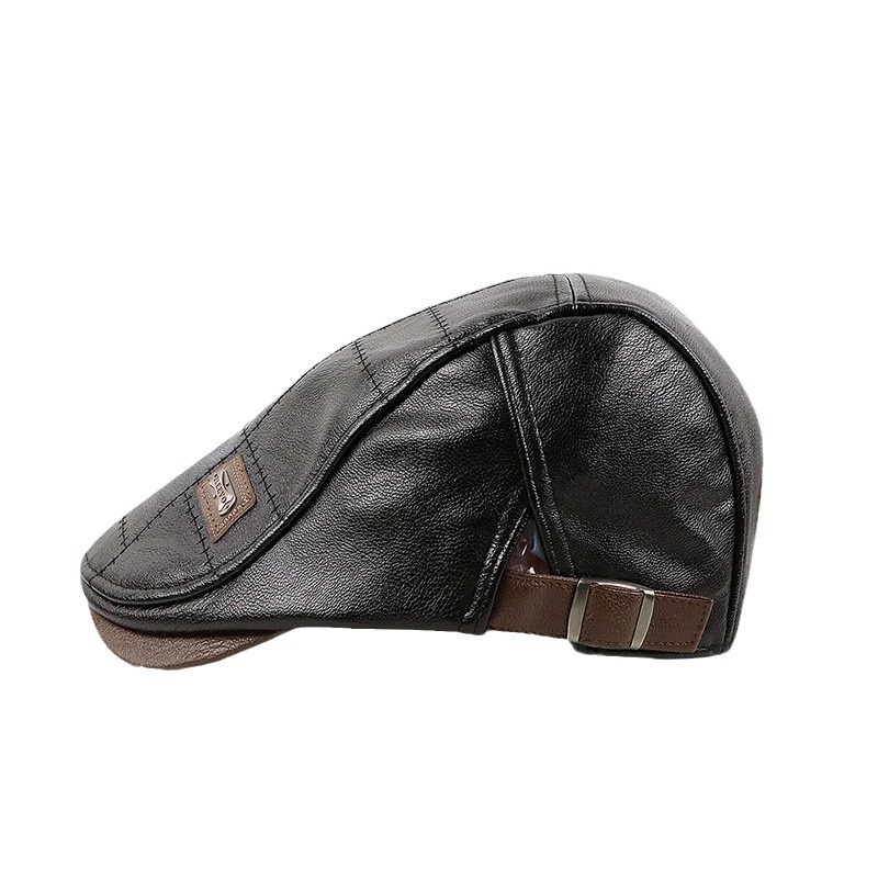 2020 new PU leather cap for middle-aged and elderly, fleece-lined outdoor warm cap, fleece-lined forward beret