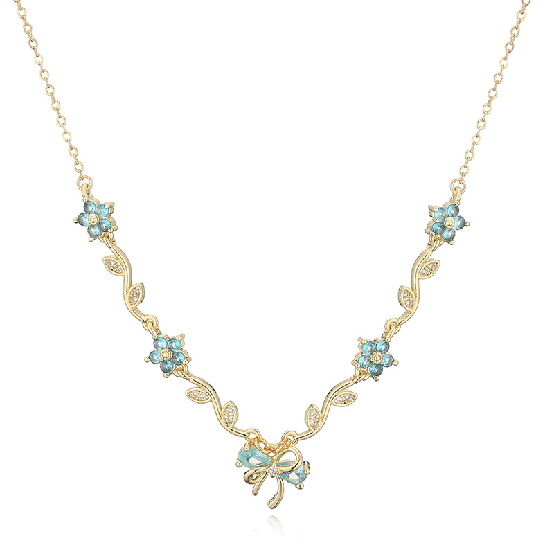 Copper Inlaid Colorful Diamond Branch and Five-Petal Flower Bracelet, Necklace, Earrings, and Bowknot Flower Set