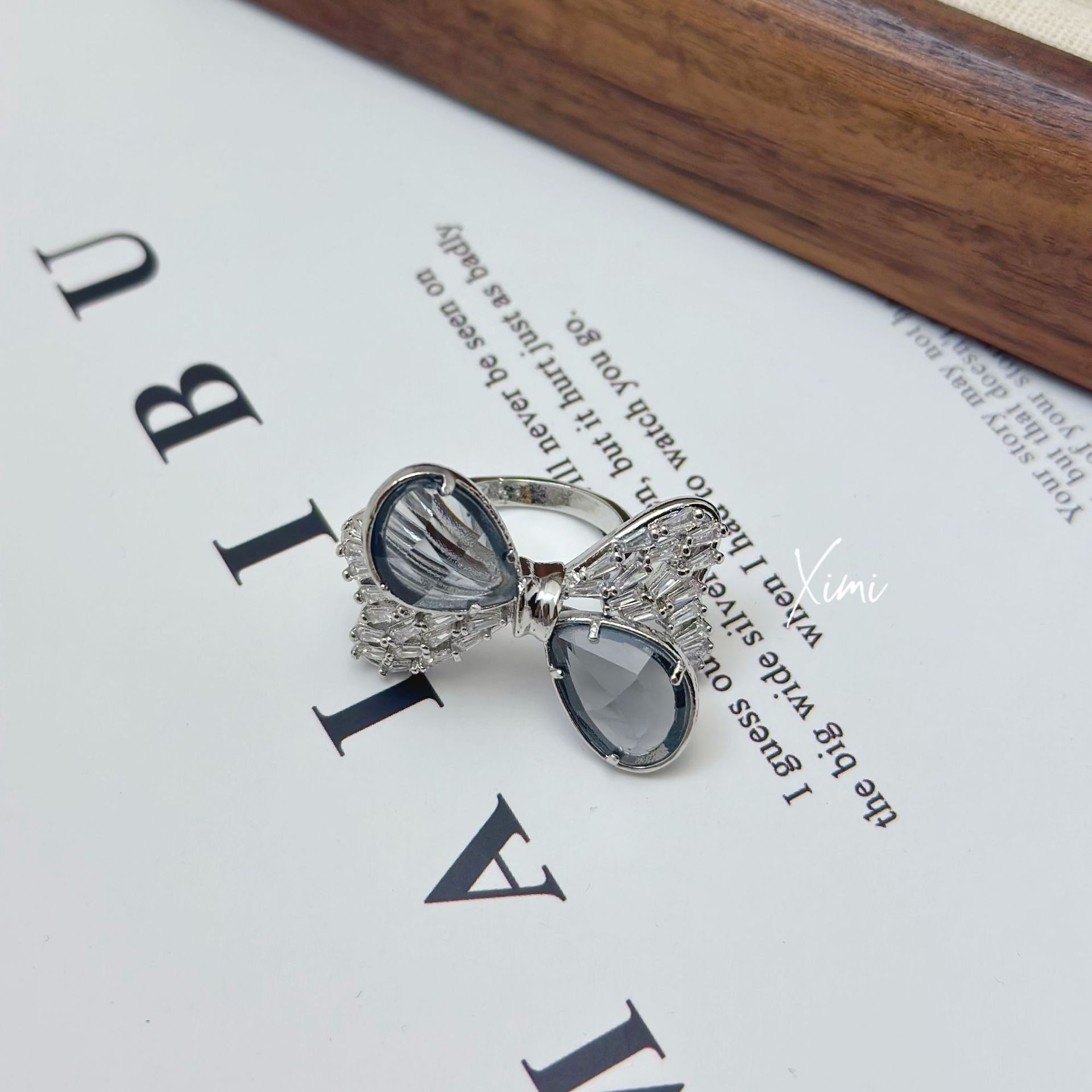 New Girly Heart Bowknot Ring Open Band Rhinestone Cute Knot Glass Sweet Exquisite Texture