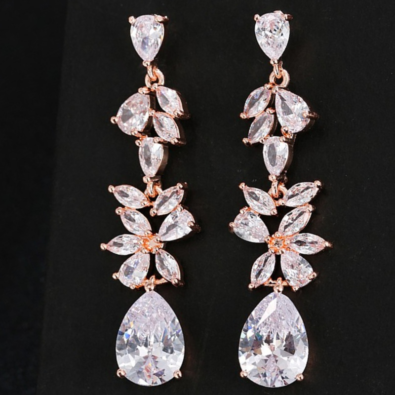 Dubai exaggerated long hollow earring ear stud earring AAA zircon super flash bridal evening earring
