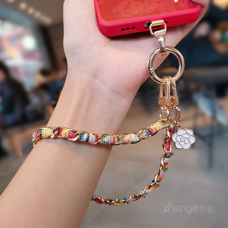 Mobile phone lanyard small fragrance camellia tag pendant phone chain wrist hanging decoration short metal chain