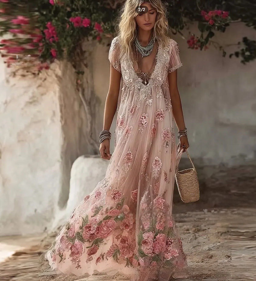 2026 Independent Station New Women's Solid Color Elegant Print Pleated Floral Dress