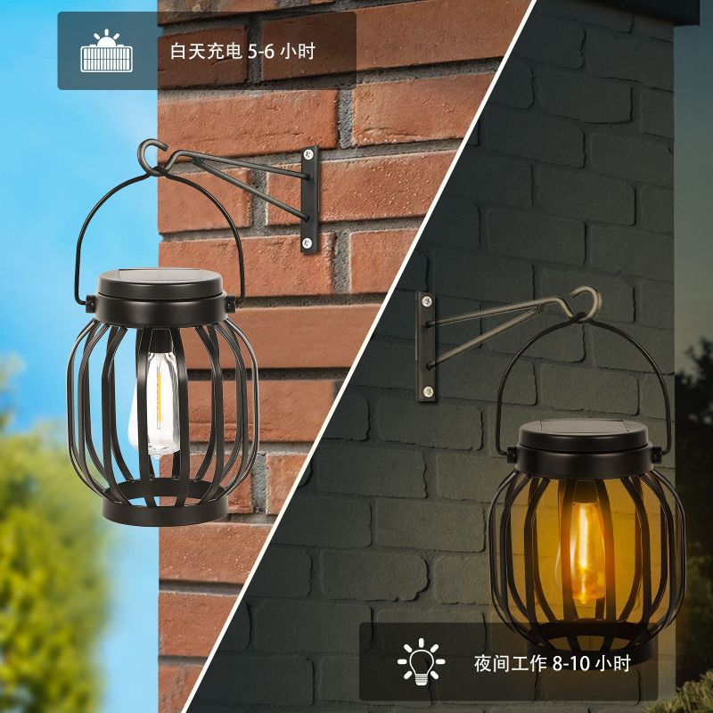 New solar tungsten filament light手提灯 iron art lantern hanging light outdoor camping portable lawn garden light