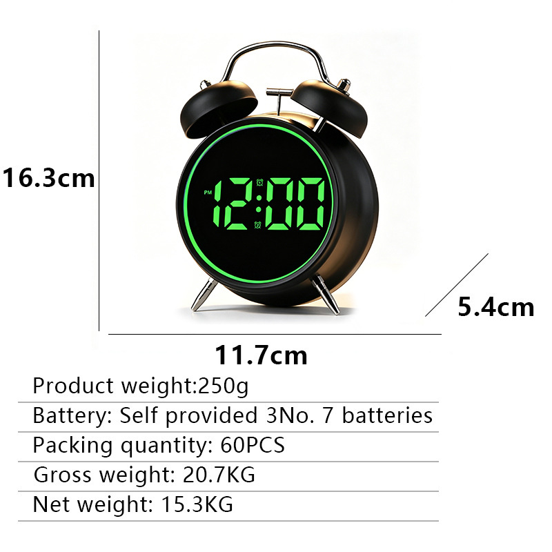 New bedroom electronic display ringing alarm clock super loud sound LED metal simple electronic clock