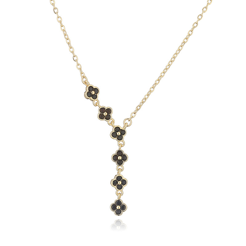Copper Inlaid Colorful Diamond Four-Leaf Clover Necklace Unique Super Shiny Four-Leaf Flower Tassel Clavicle Chain Choker