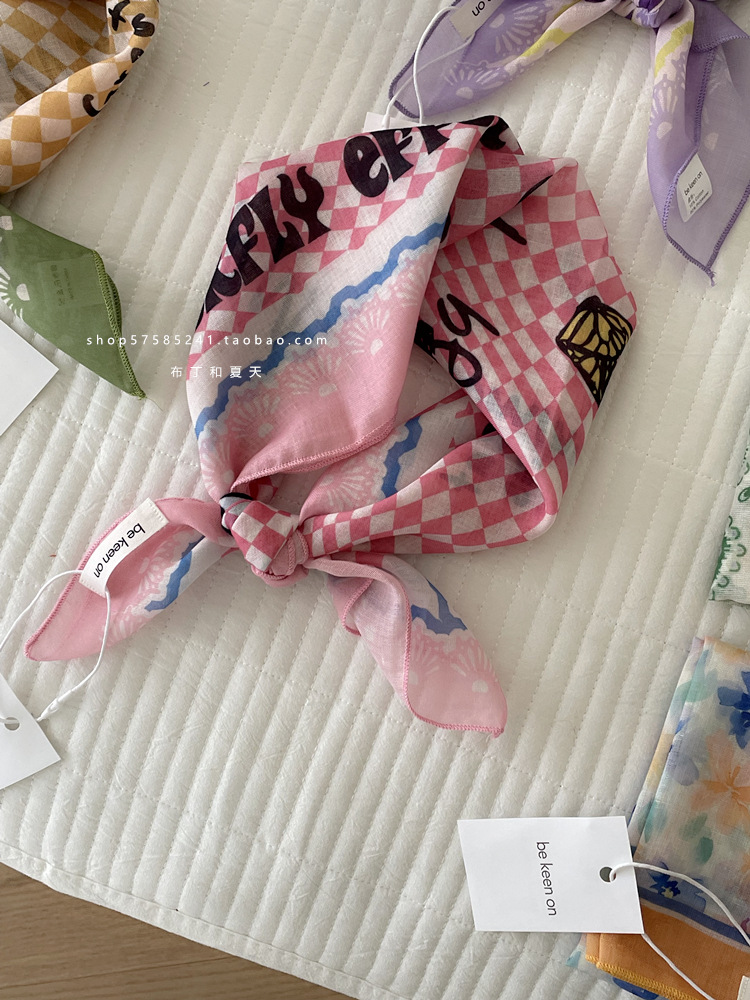 Skin-friendly soft cotton-linen breathable neck-protecting small square scarf, polka dot paisley headscarf, export Korean order neck scarf for women