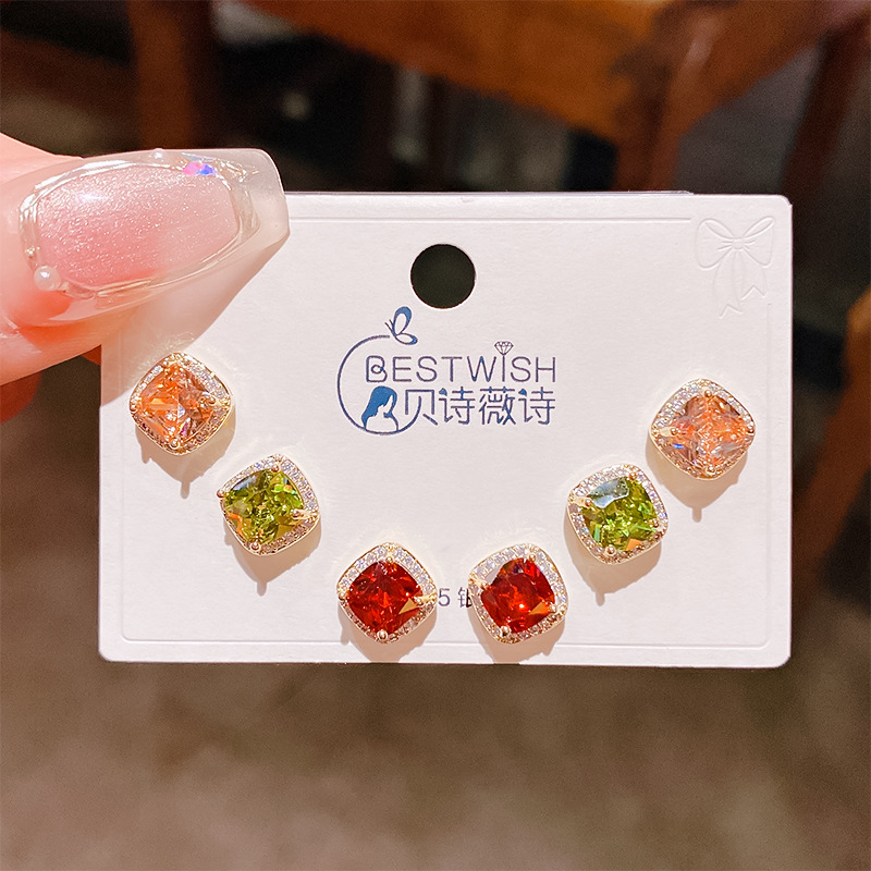 26th batch #1 copper gold-plated solid quality zircon three pairs of earrings, silver needle one card six-piece set