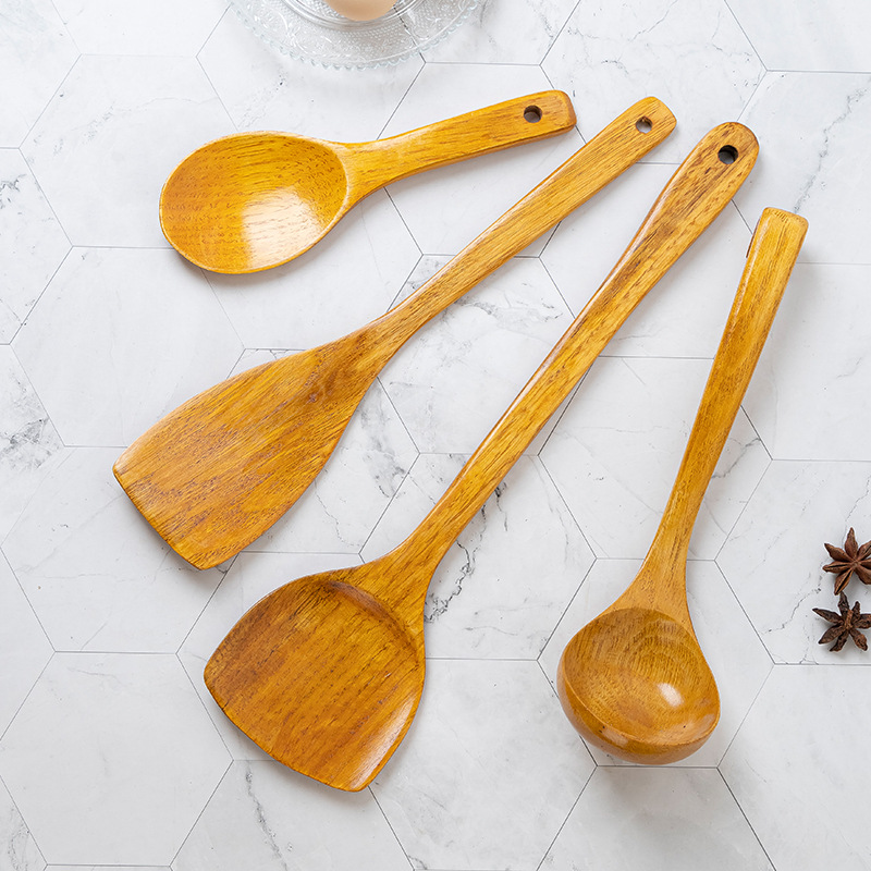 Home Natural Wood Spatula Set Solid Wood Spatula Long Handle Wooden Soup Spoon Non-stick Pan Stir-fry Spatula