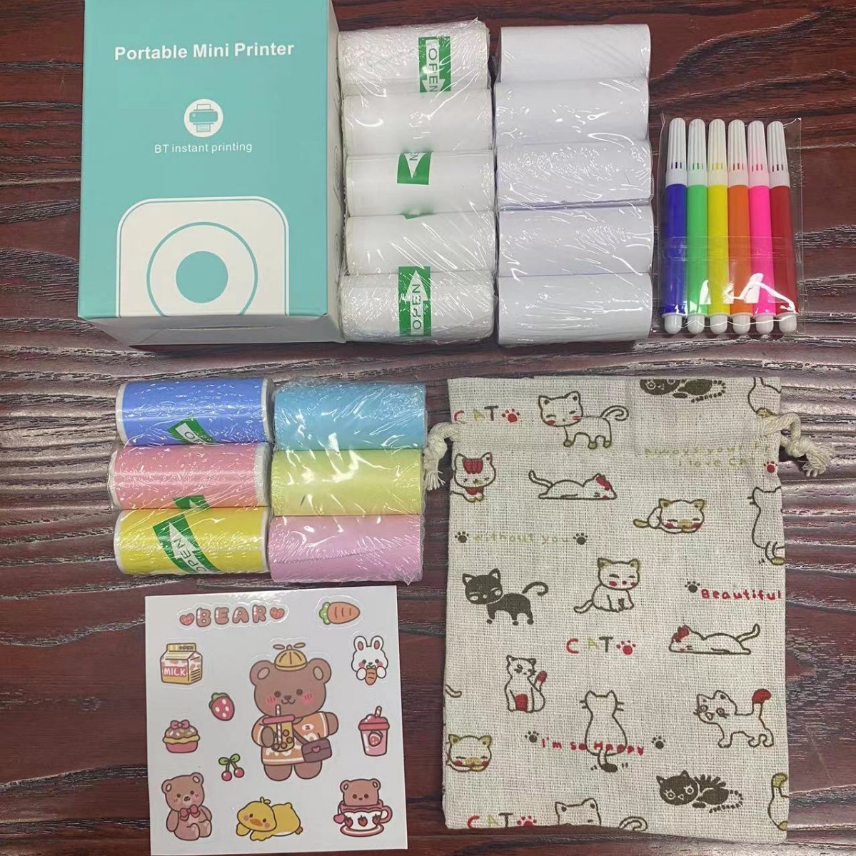 C9粉色+5卷打印纸+5卷十年不干胶+3卷彩色纸+3卷彩色不干胶+布袋子+水彩笔+随机贴纸