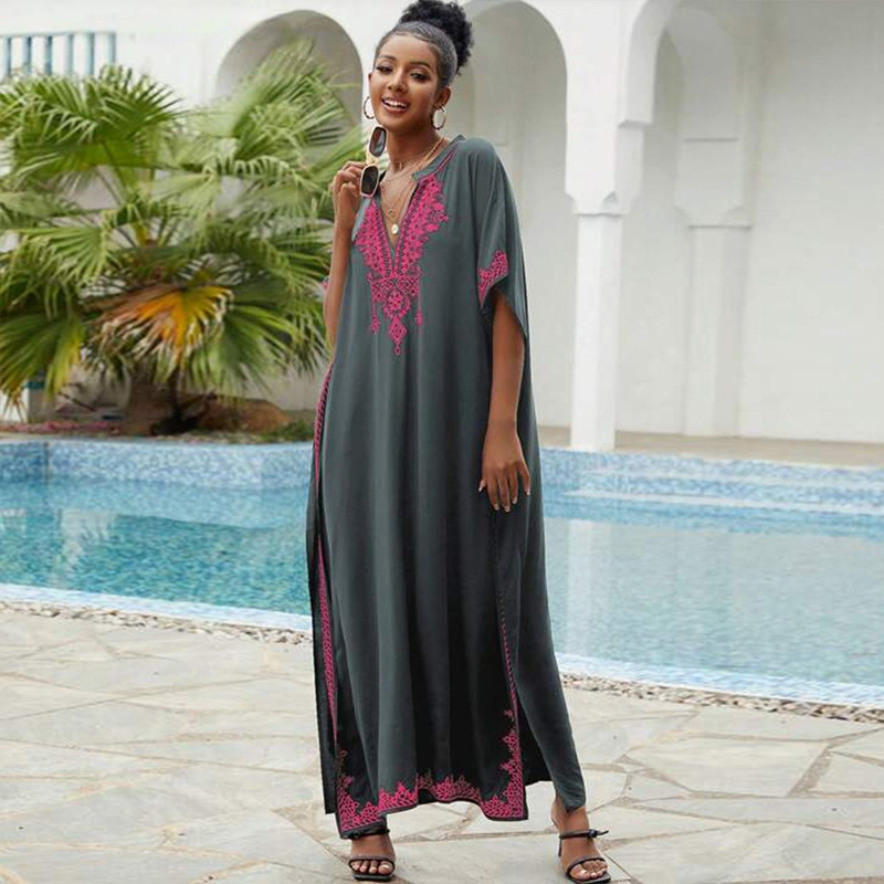New Rayon Loose Plus Size Vacation Beach Cover Up Stand Collar Long Dress Women Bikini Cover Up Swimsuit Outer
