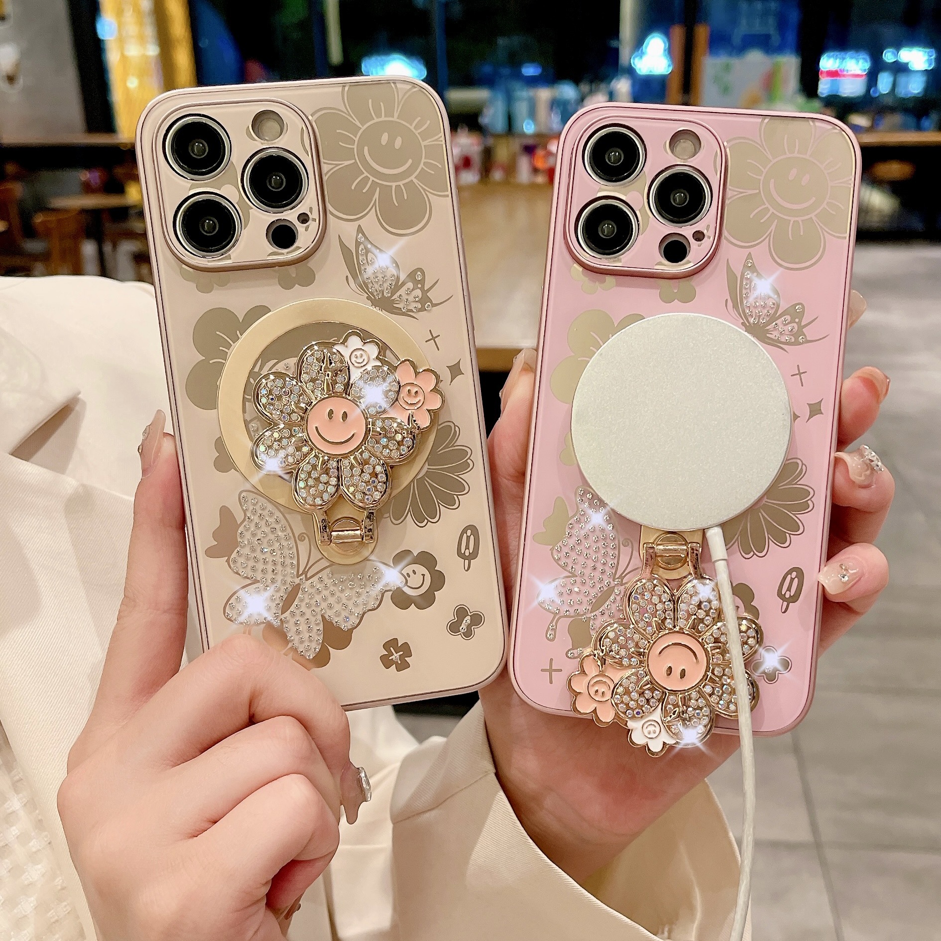 Compatible with iPhone 17 Pro Max phone case Apple 15 14 13 protective case rhinestone butterfly like flower magnetic bracket