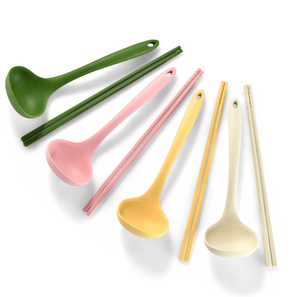 Integrated Non-Stick Silicone Soup Spoon Long Handle Spoon Silicone Chopsticks Two-Piece Set Ramen Tableware