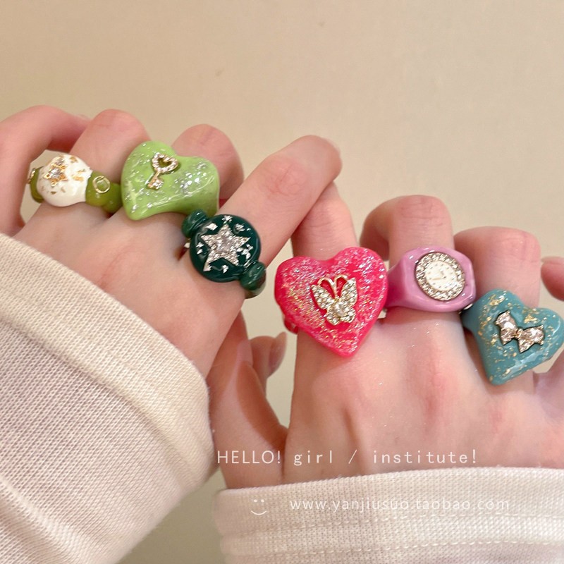 Cute Dopamine Love Geometric Ring for Women Fun Index Finger Ring Simple Colorful Ring