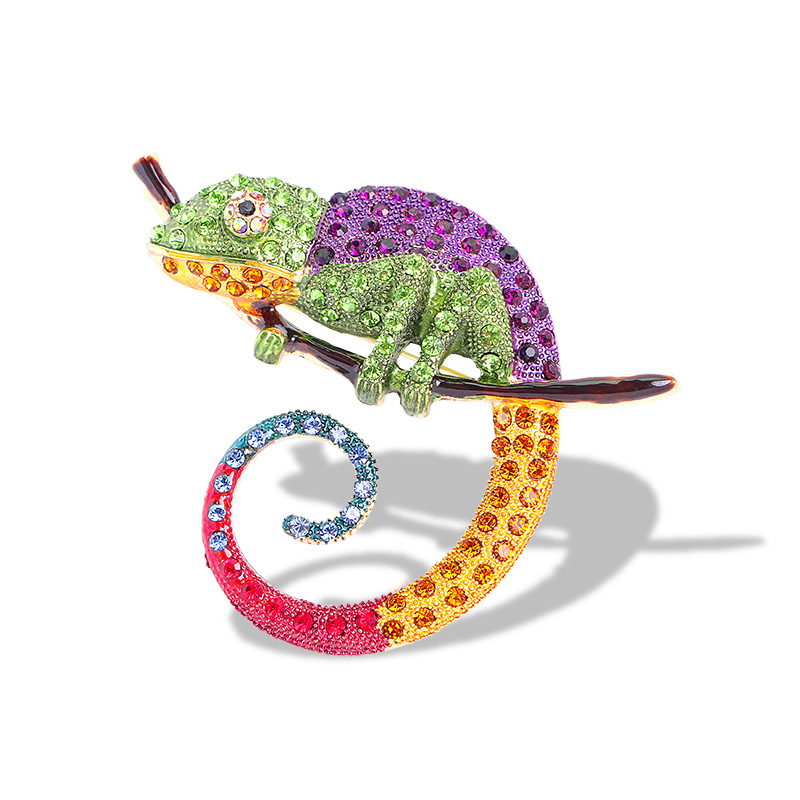New Rhinestone Colorful Chameleon Brooch Oil Painting Animal Rhinestone Lizard Pin Corsage Accessory