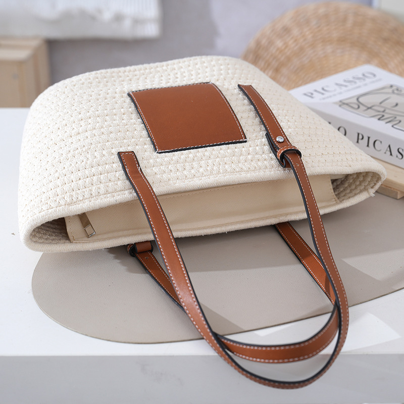 Casual Cotton Rope Woven Bag Women's New Large Capacity Vacation Beach Bag Woven Single Shoulder Handheld Tote Bag