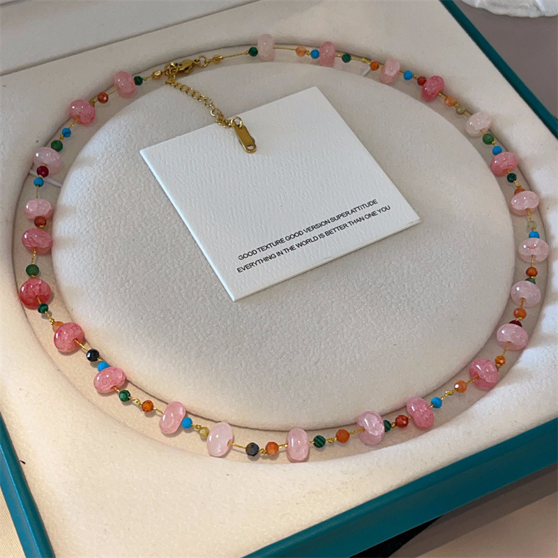 Fresh Natural Stone Rose Quartz Necklace Large and Small Beads Peace Button Crystal Necklace Delicate Collarbone Chain
