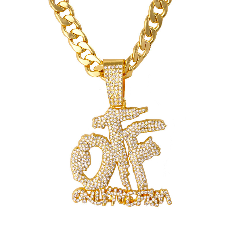 Hip-hop full diamond spliced letter OFF pendant necklace punk rap Cuban jewelry