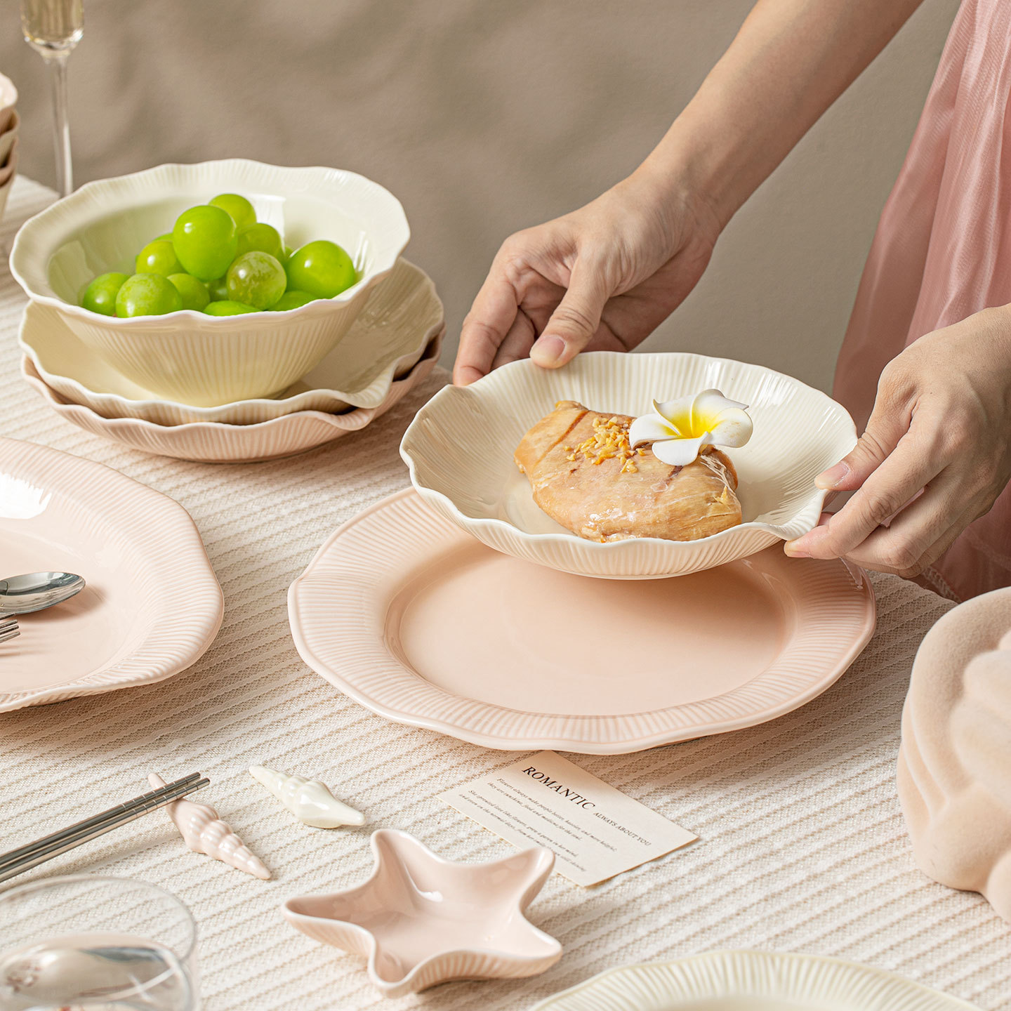 Ceramic bowl plate dish set cream style simple home rice bowl vegetable plate cup bowl chopsticks combination bowl