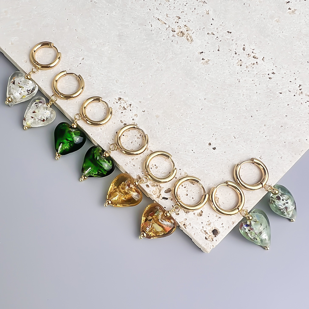 Stainless steel palace girl style gold foil colored琉璃 heart earrings gorgeous style earrings