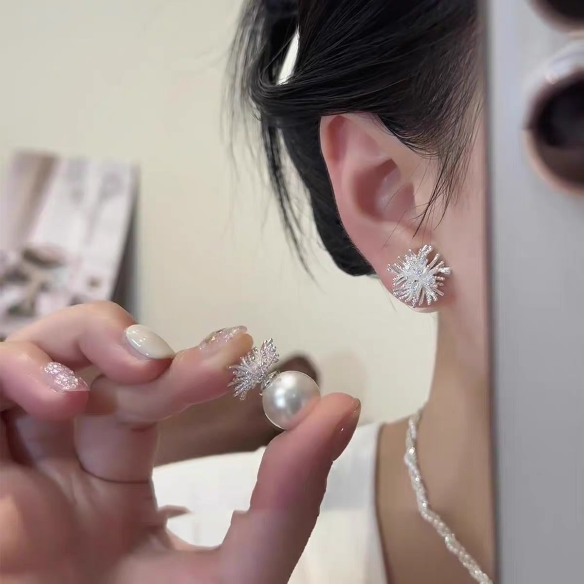 S925 silver needle heart flower tassel earring pearl stud earring for women ear accessory