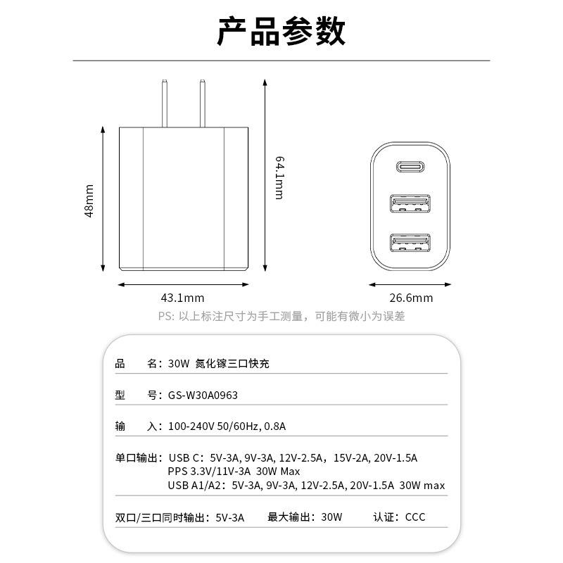 US ETL certified PD30W charger GaN plug for Apple Android Samsung fast charge charger