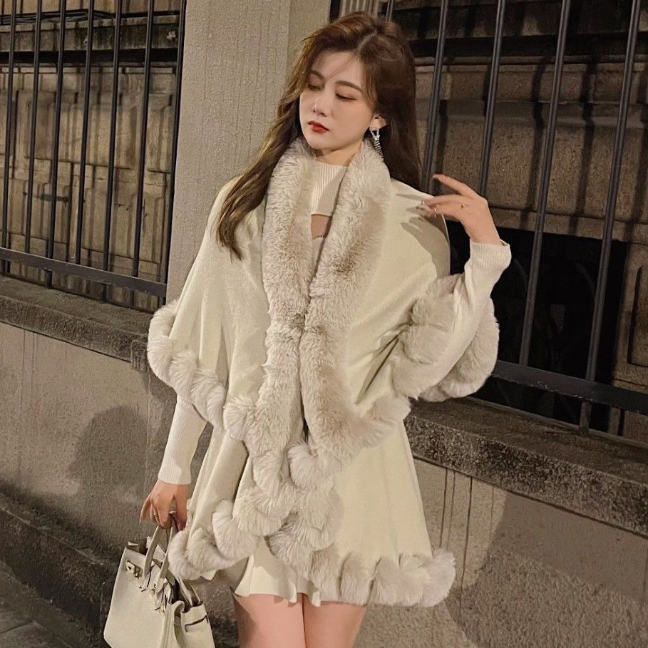 Live Supply Autumn Winter New Imitation Rex Rabbit Fur Collar Cape Shawl Plus Size Knitted Cardigan Loose Coat Women
