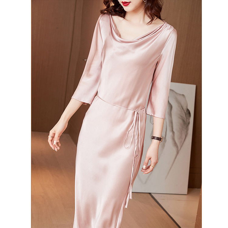 2026 Early Autumn New S562 Heavyweight Silk Dress Simple Slim Fit Five-Quarter Sleeve Long Dress Women