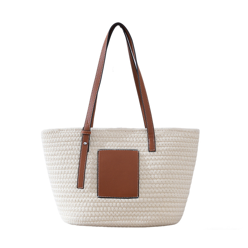 Casual Cotton Rope Woven Bag Women's New Large Capacity Vacation Beach Bag Woven Single Shoulder Handheld Tote Bag