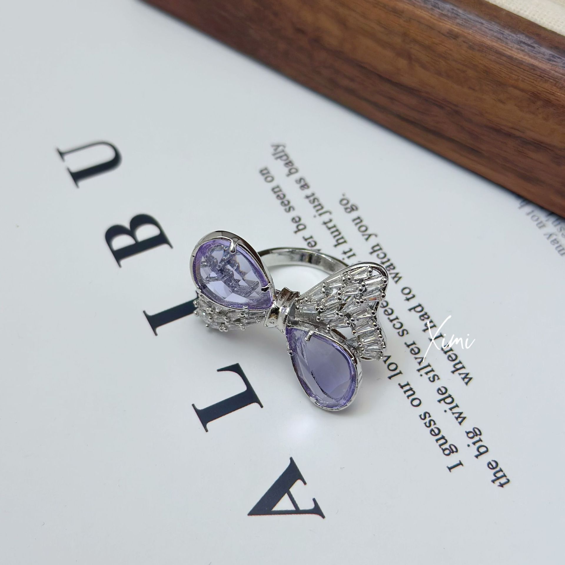 New Girly Heart Bowknot Ring Open Band Rhinestone Cute Knot Glass Sweet Exquisite Texture