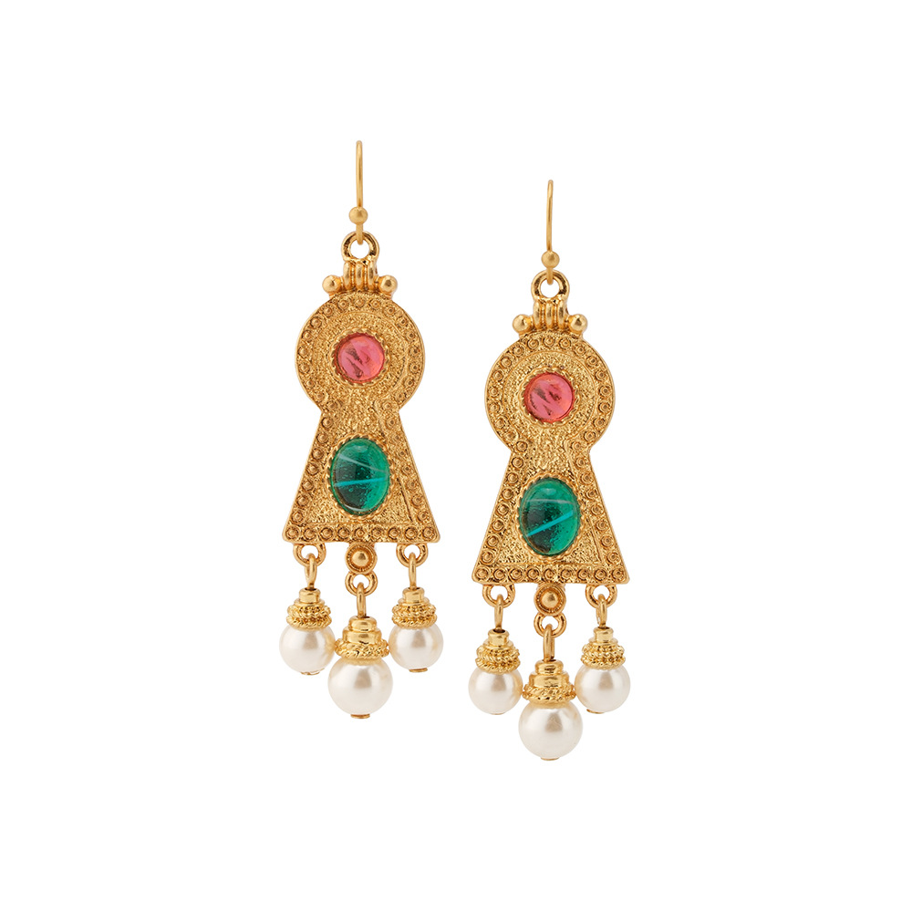 Western Vintage High Quality Brass Gold Plated Glass Palace Style Earrings