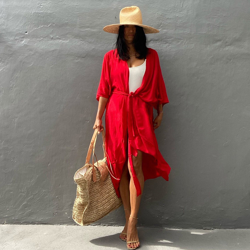 New Dense Rayon Sun Protection Cardigan Bikini Cover Up Swimsuit Outer Sun Protection Seaside Vacation Dress Women
