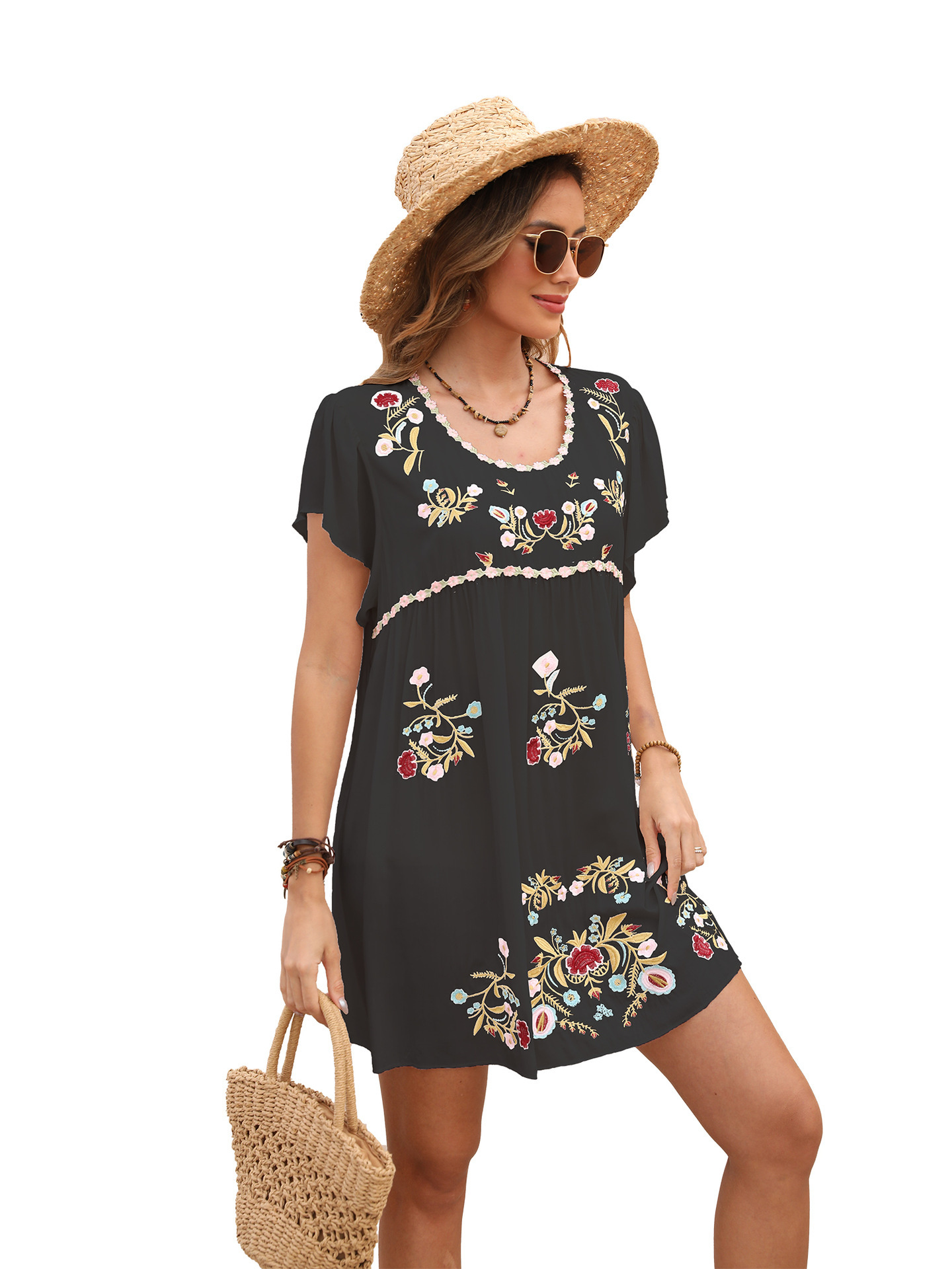 Embroidered casual loose dress summer V-neck short dress women #762