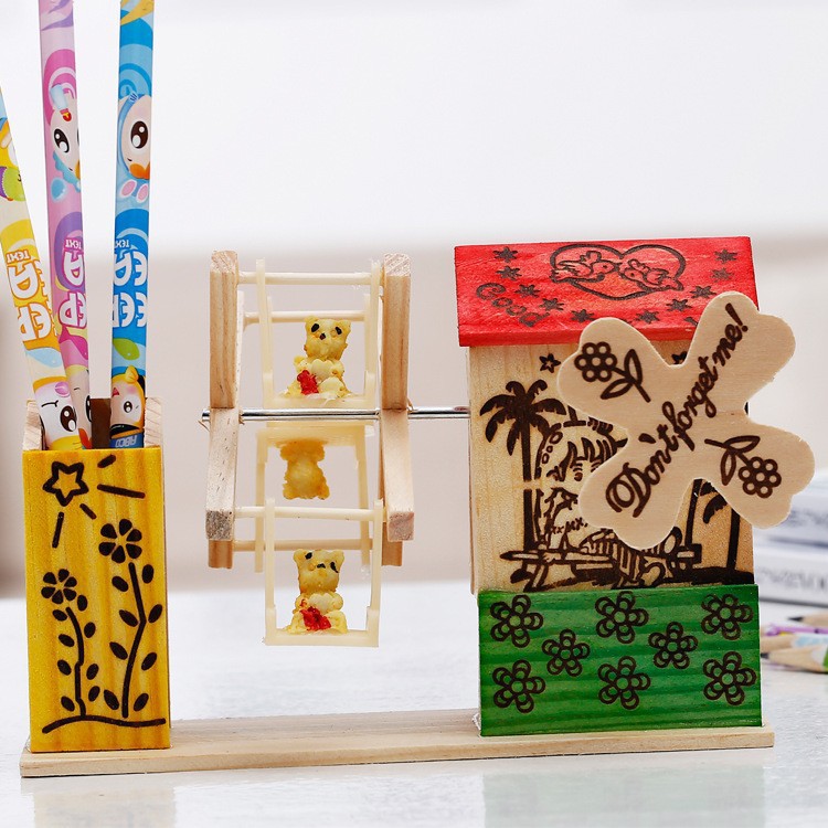 M1512 Wooden House Windmill Sailboat Rotating Music Box 60-273 Wooden Pen Holder Student Birthday Gift