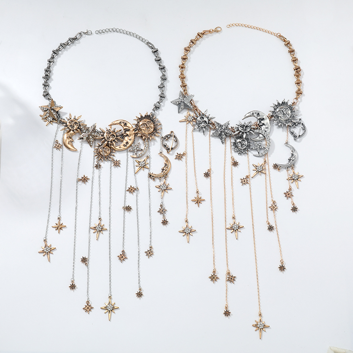 ZA exaggerated big brand multi-layer tassel pendant moon star sun full rhinestone necklace for women bohemian style